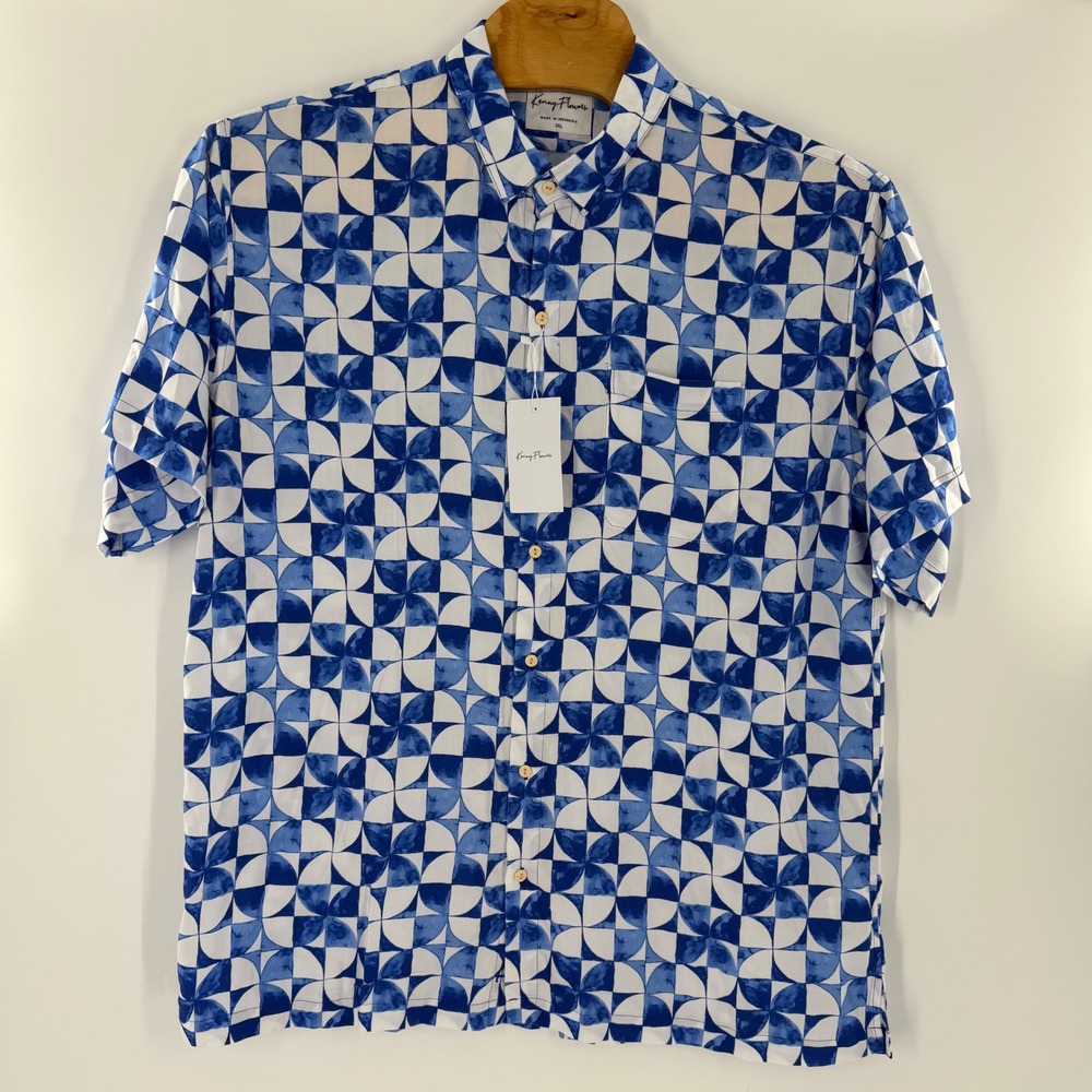 Kenny Flowers Mens 3XL Blue White Geometric Tile Print Rayon Button Down Shirt